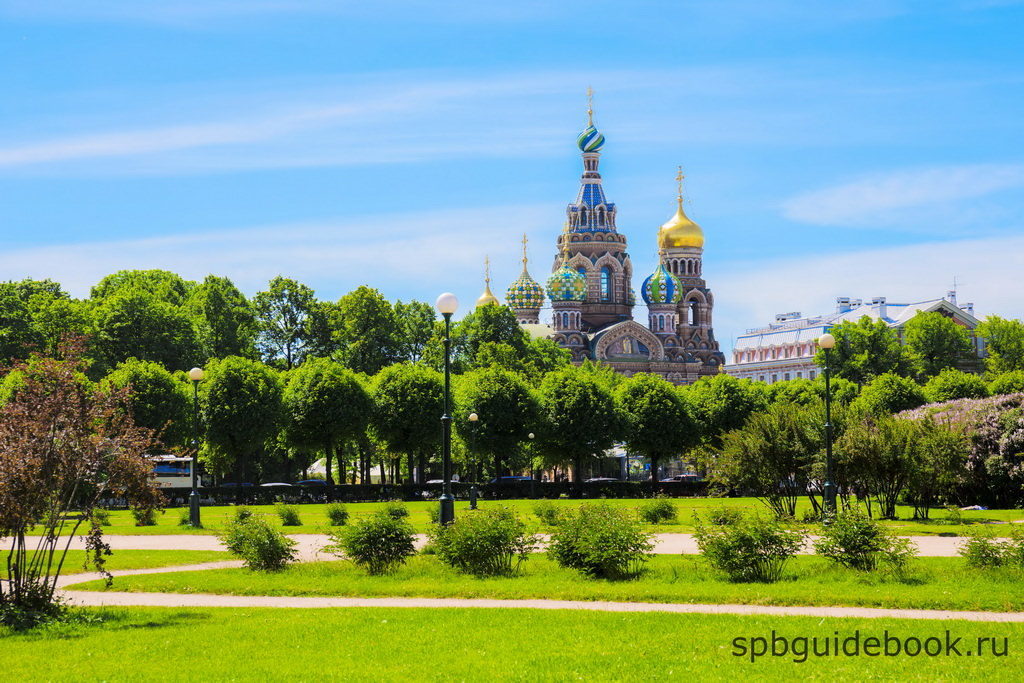 Вид на Храм Спаса на Крови со стороны парка Марсово поле в Санкт-Петербурге.